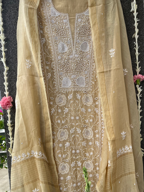 Beige Mul Chanderi Unstitched Chikankari & Pearl Festive Suit Set