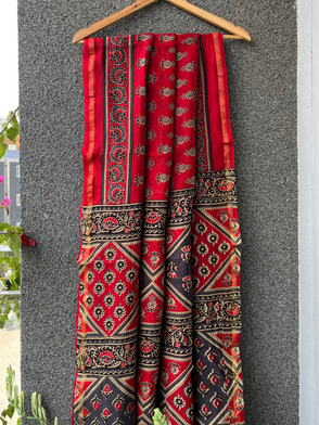 Red & Blue Ajrakh Chanderi Saree