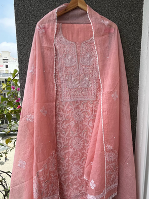 Peach Kota Unstitched Chikankari & Pearl Festive Suit Set