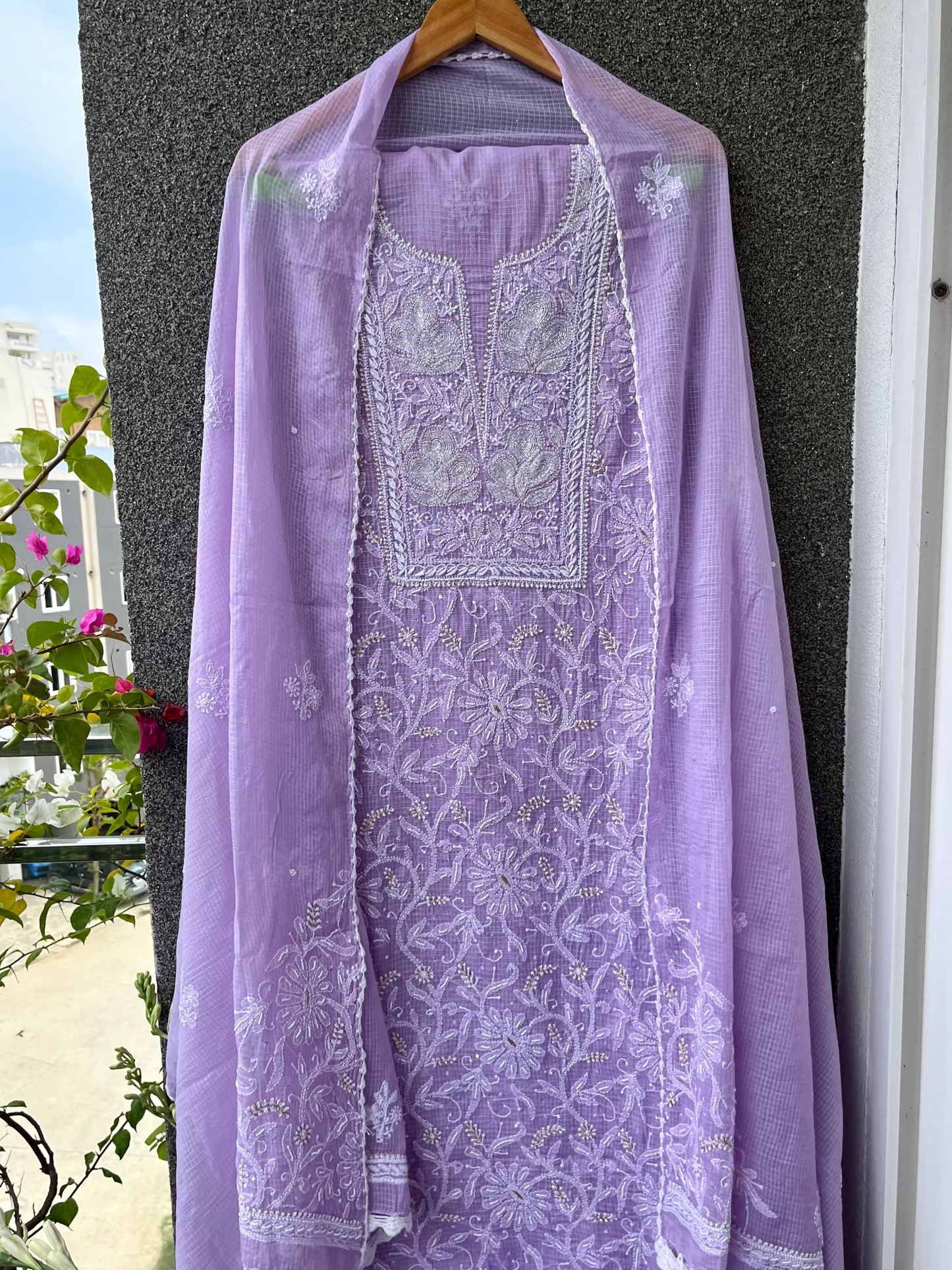 Lavender Kota Unstitched Chikankari & Pearl Festive Suit Set