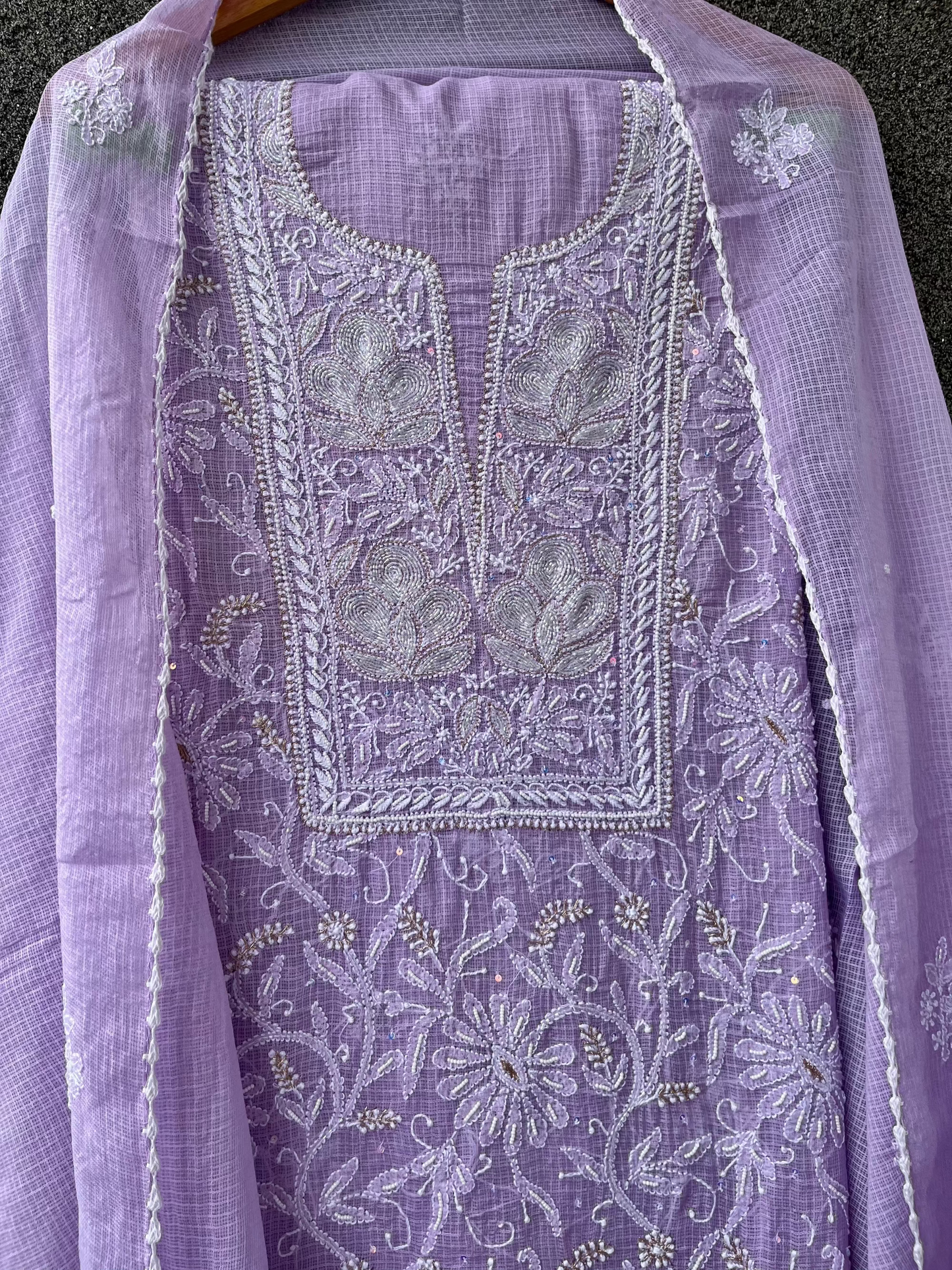 Lavender Kota Unstitched Chikankari & Pearl Festive Suit Set