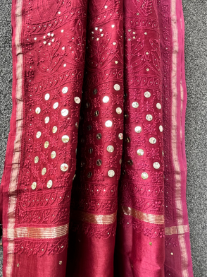 Burgundy Ombre Chikankari Chanderi Saree with Mukaish work