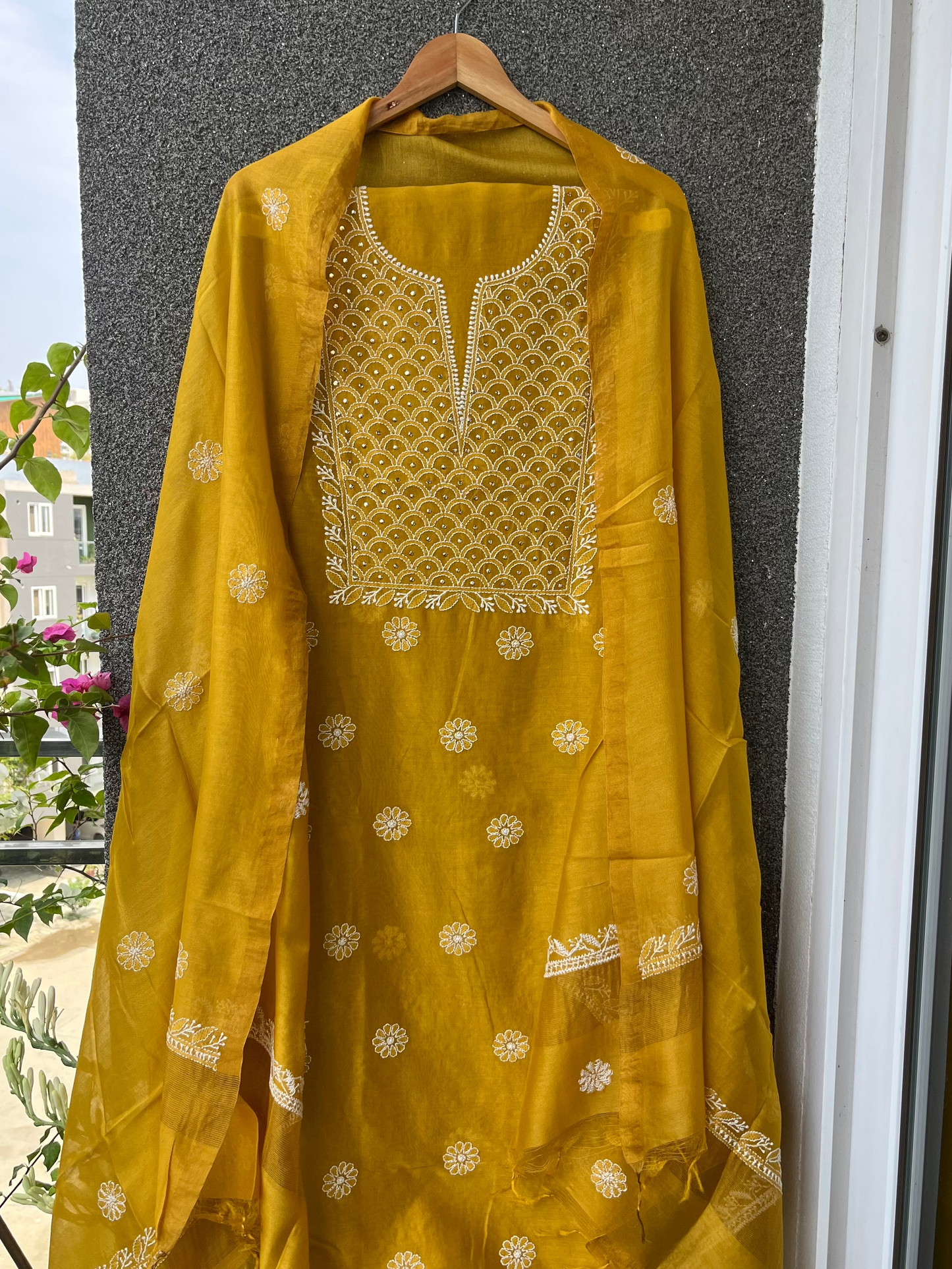 Sanchita Mustard Chikankari Kurta set with Mukaish work