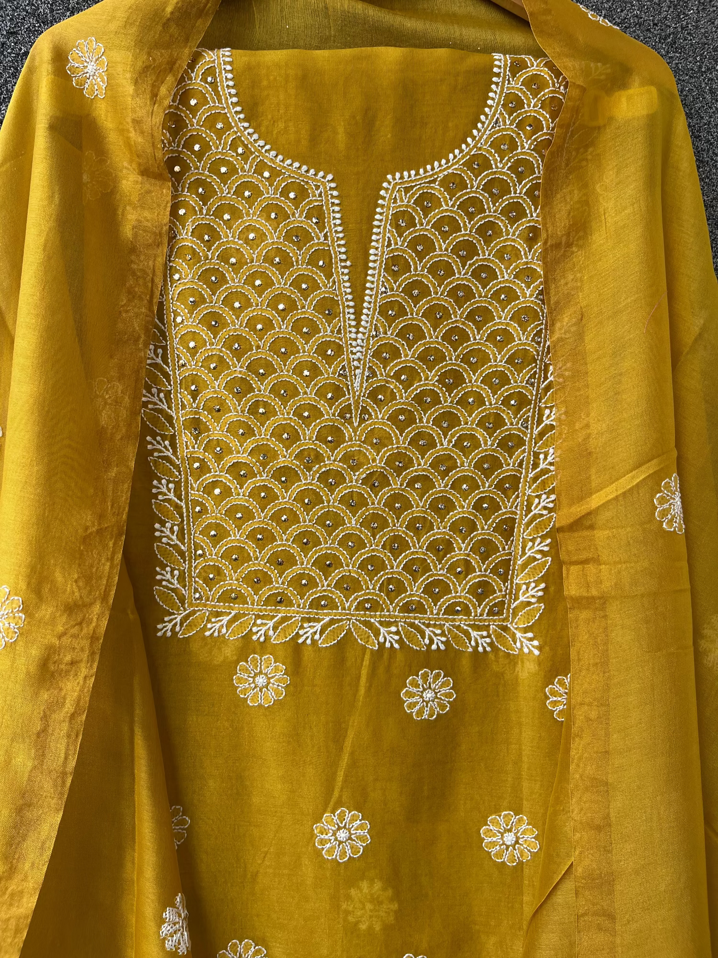 Sanchita Mustard Chikankari Kurta set with Mukaish work