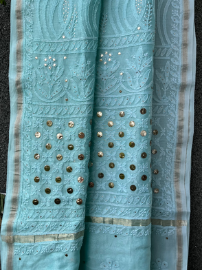 Sea Green Ombre Chikankari Chanderi Saree with Mukaish work
