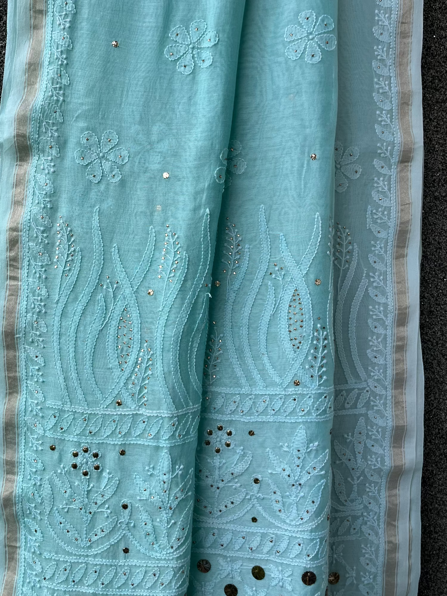 Sea Green Ombre Chikankari Chanderi Saree with Mukaish work