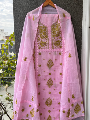 Anupama Pink & Green Unstitched Chikankari & Applique Suit Set