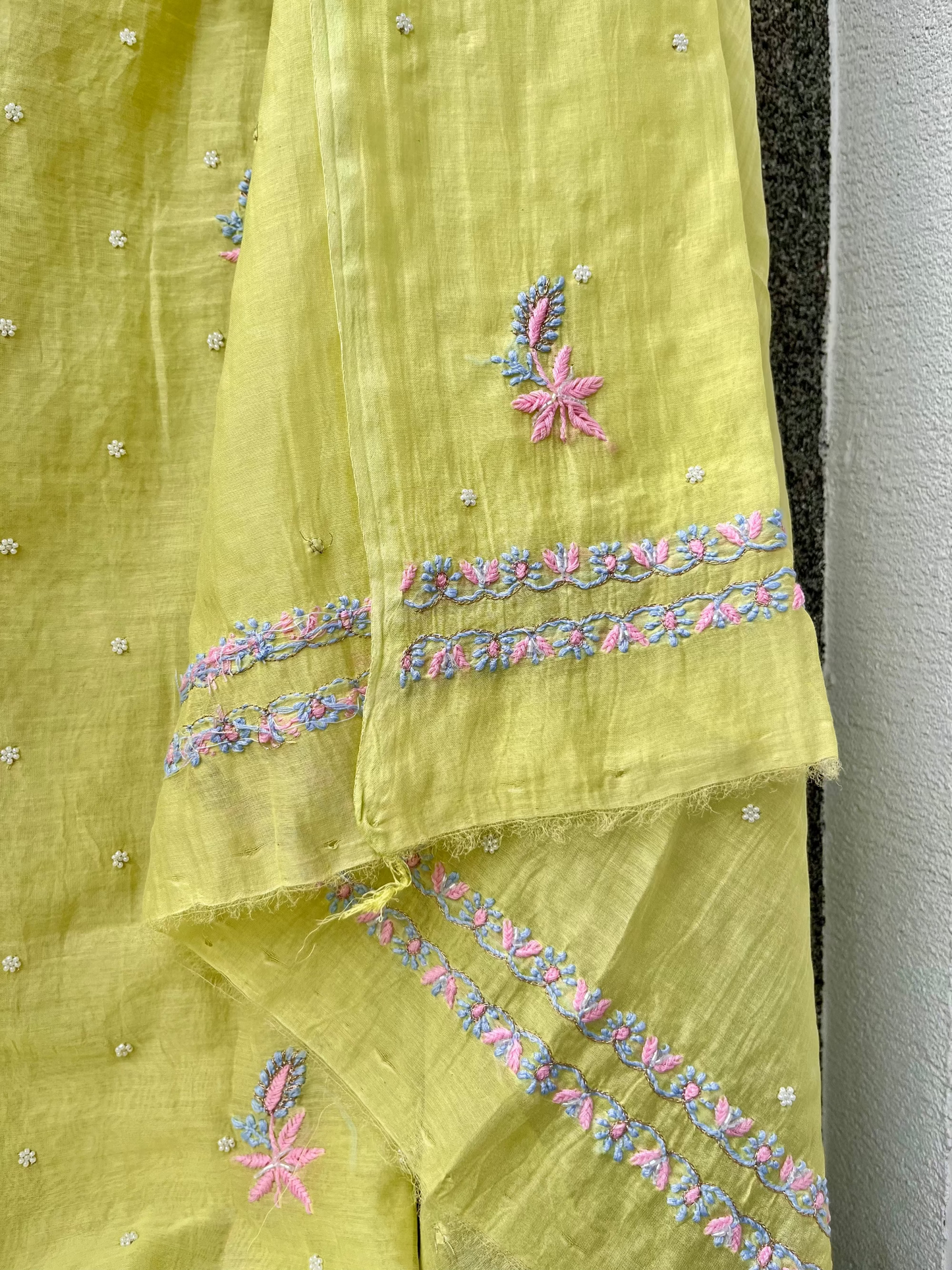 Lime Mul Chanderi Unstitched Fine Chikankari & Pearl Festive Suit Set