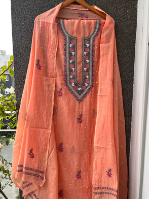 Peach Mul Chanderi Unstitched Fine Chikankari & Pearl Festive Suit Set