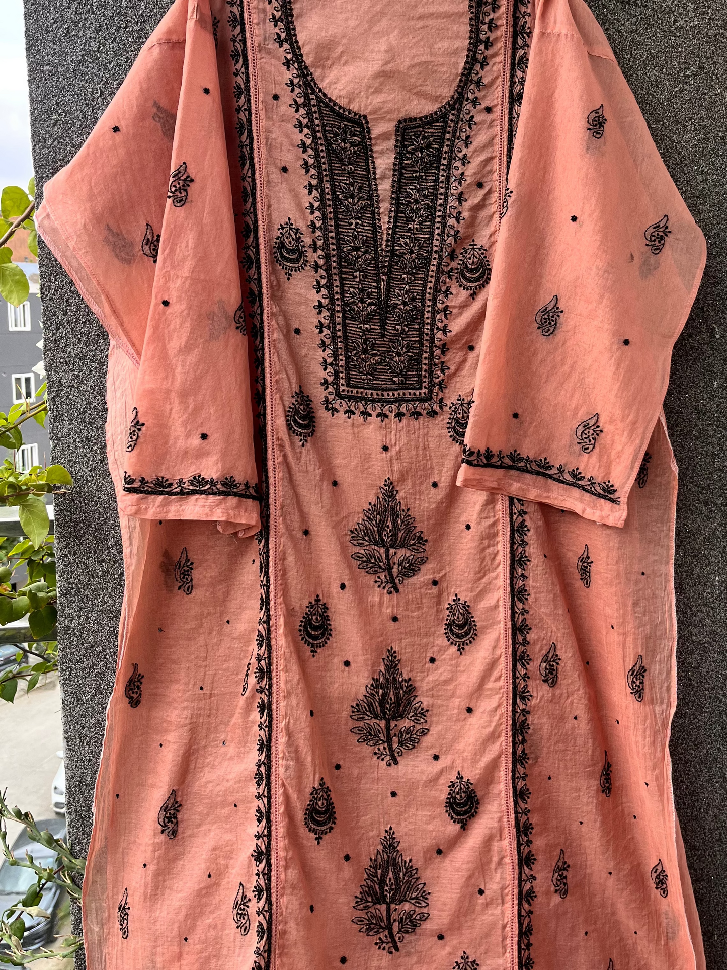 Anita Salmon-Pink Chikankari Kurta set with Pearl work