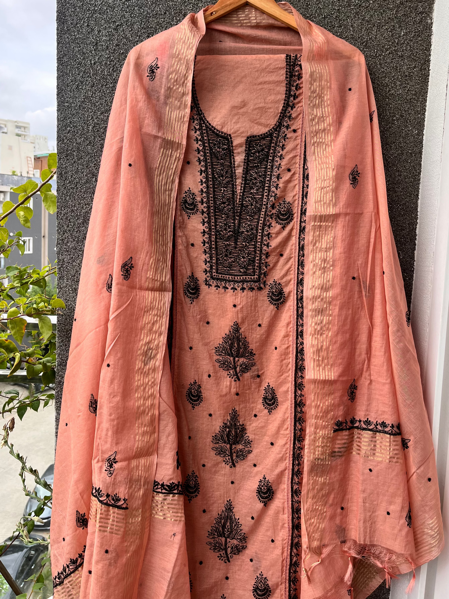Anita Salmon-Pink Chikankari Kurta set with Pearl work