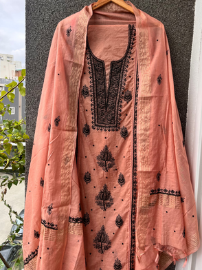 Anita Salmon-Pink Chikankari Kurta set with Pearl work