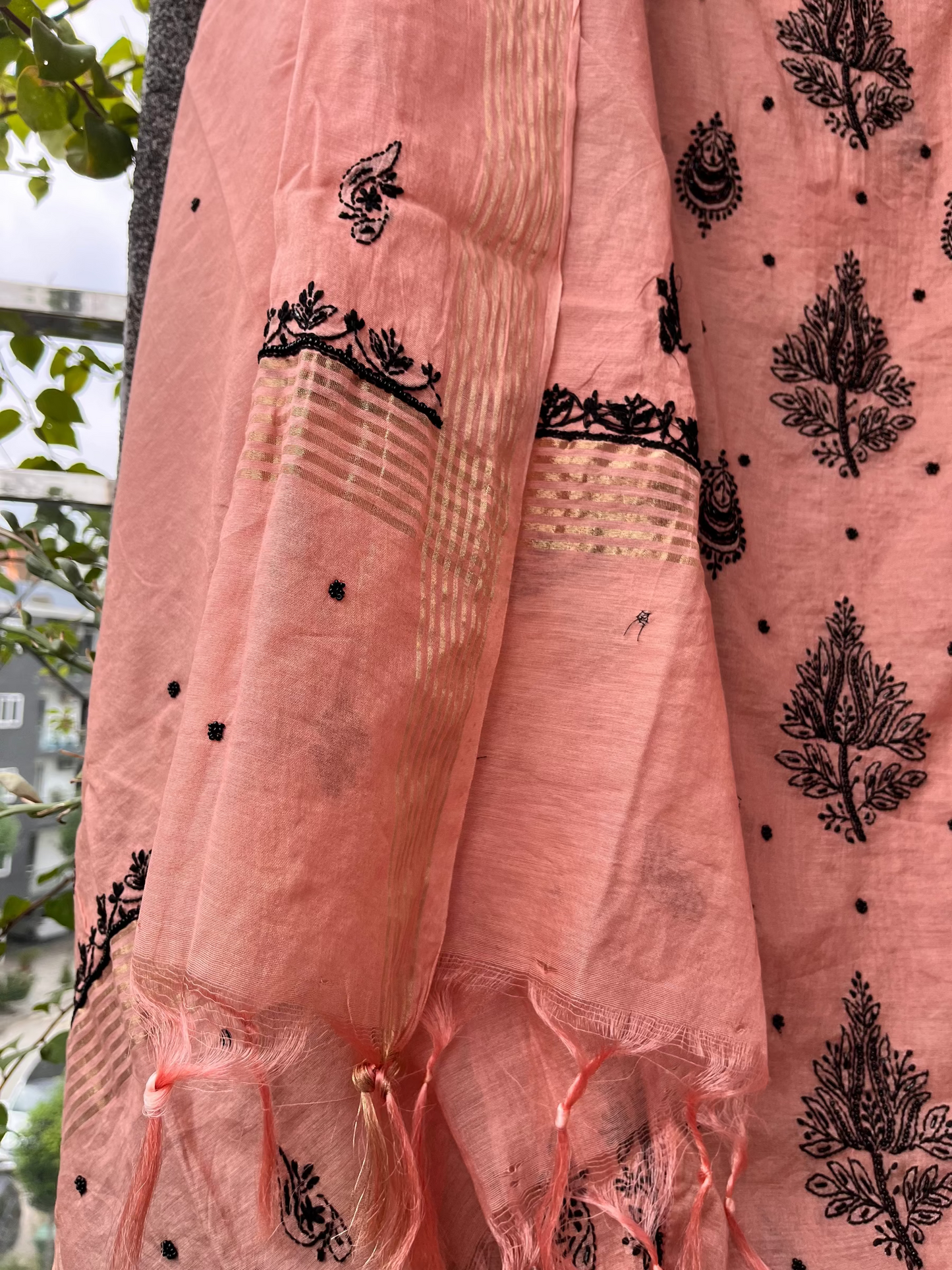 Anita Salmon-Pink Chikankari Kurta set with Pearl work