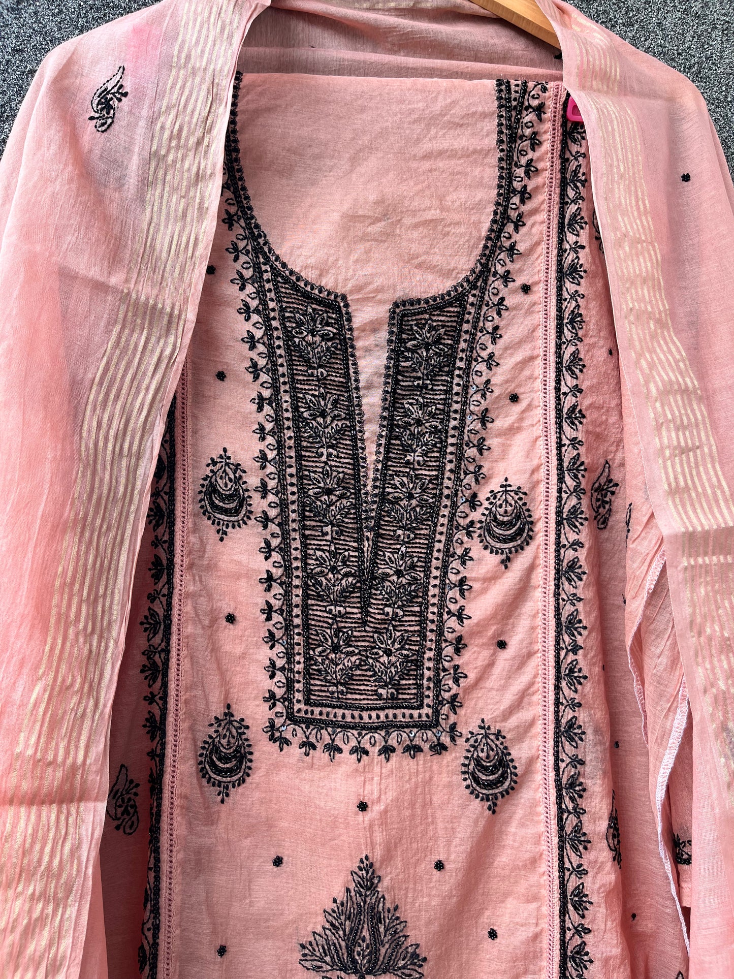 Anita Salmon-Pink Chikankari Kurta set with Pearl work