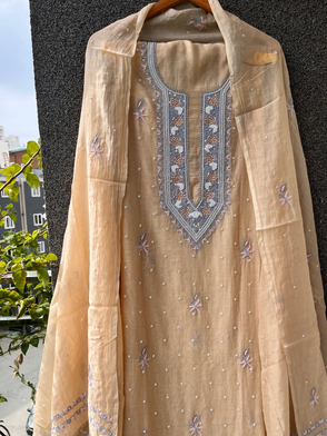 Beige & Blue Mul Chanderi Unstitched Fine Chikankari & Pearl Festive Suit Set