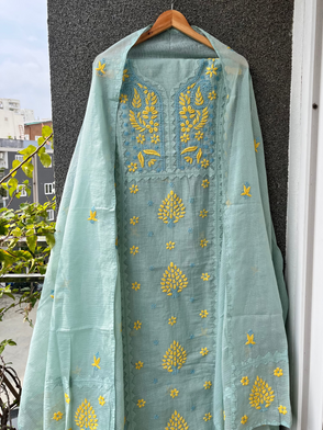 Anupama Sea green & yellow Unstitched Chikankari & Applique Suit Set