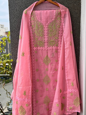 Anupama Pink & Green Unstitched Chikankari & Applique Suit Set