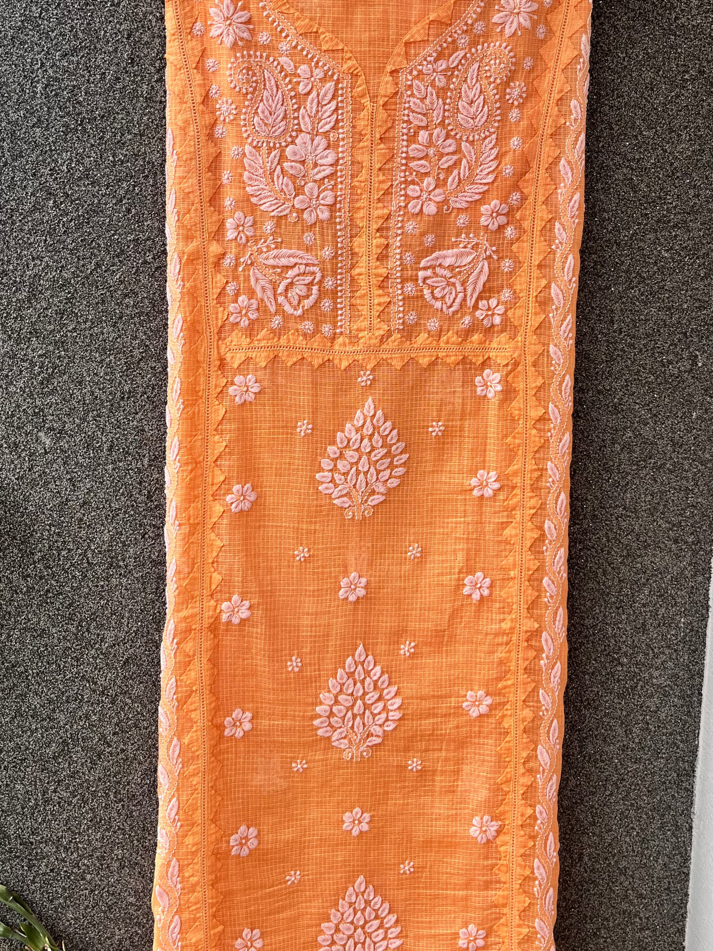Anupama Orange & Pink Unstitched Chikankari & Applique Suit Set