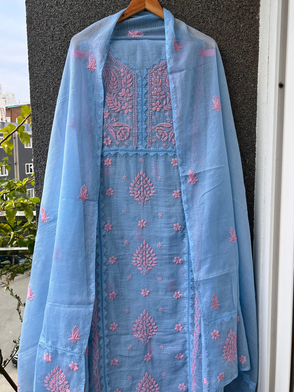 Anupama Blue & Pink Unstitched Chikankari & Applique Suit Set