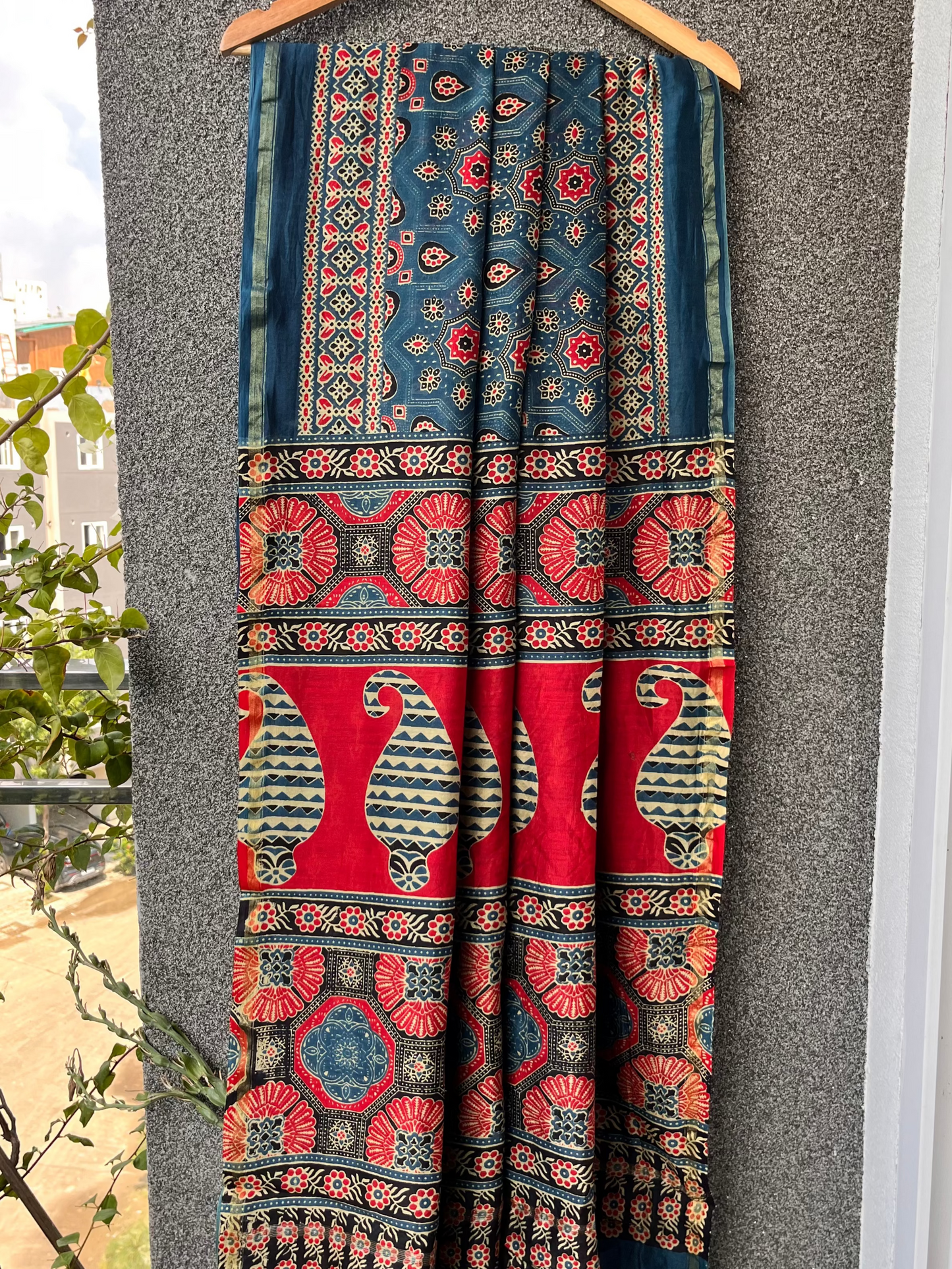 Teal Ajrakh Chanderi Saree