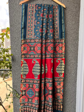 Teal Ajrakh Chanderi Saree