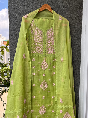 Anupama Green & Pink Unstitched Chikankari & Applique Suit Set