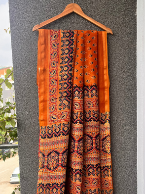 Rust Orange Ajrakh Chanderi Saree
