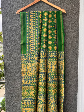 Green & Yellow Ajrakh Chanderi Saree