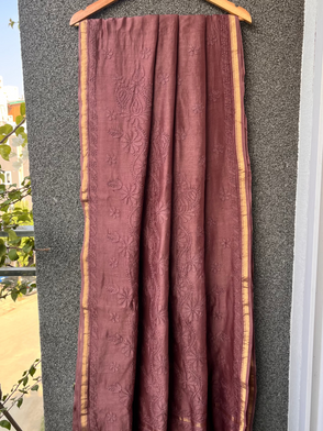 Dark Mauve Chikankari Chanderi Saree