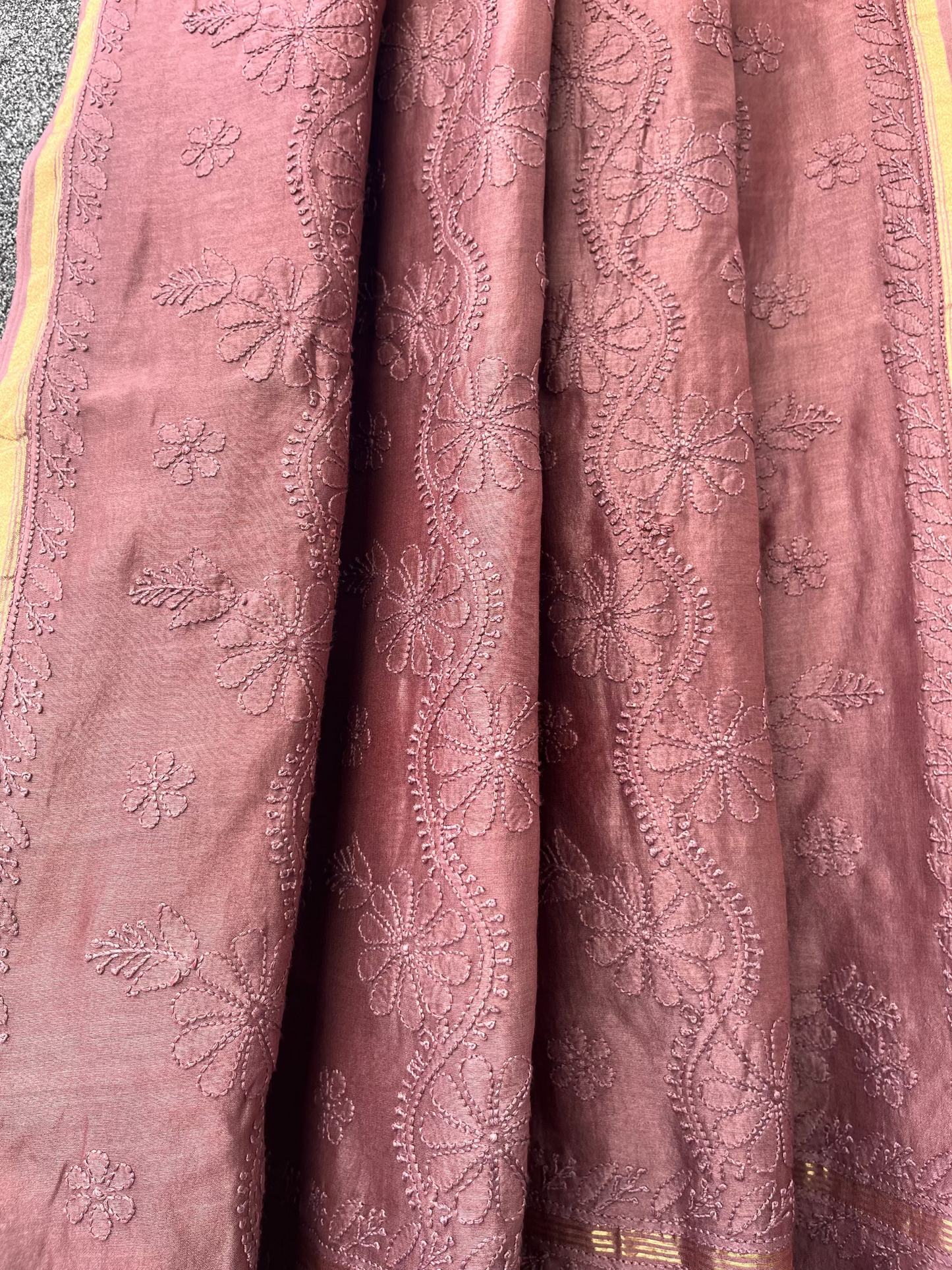 Dark Mauve Chikankari Chanderi Saree