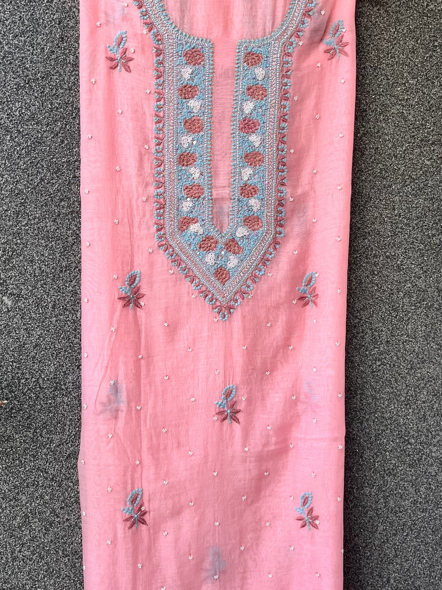 Pink Mul Chanderi Unstitched Fine Chikankari & Pearl Festive Suit Set