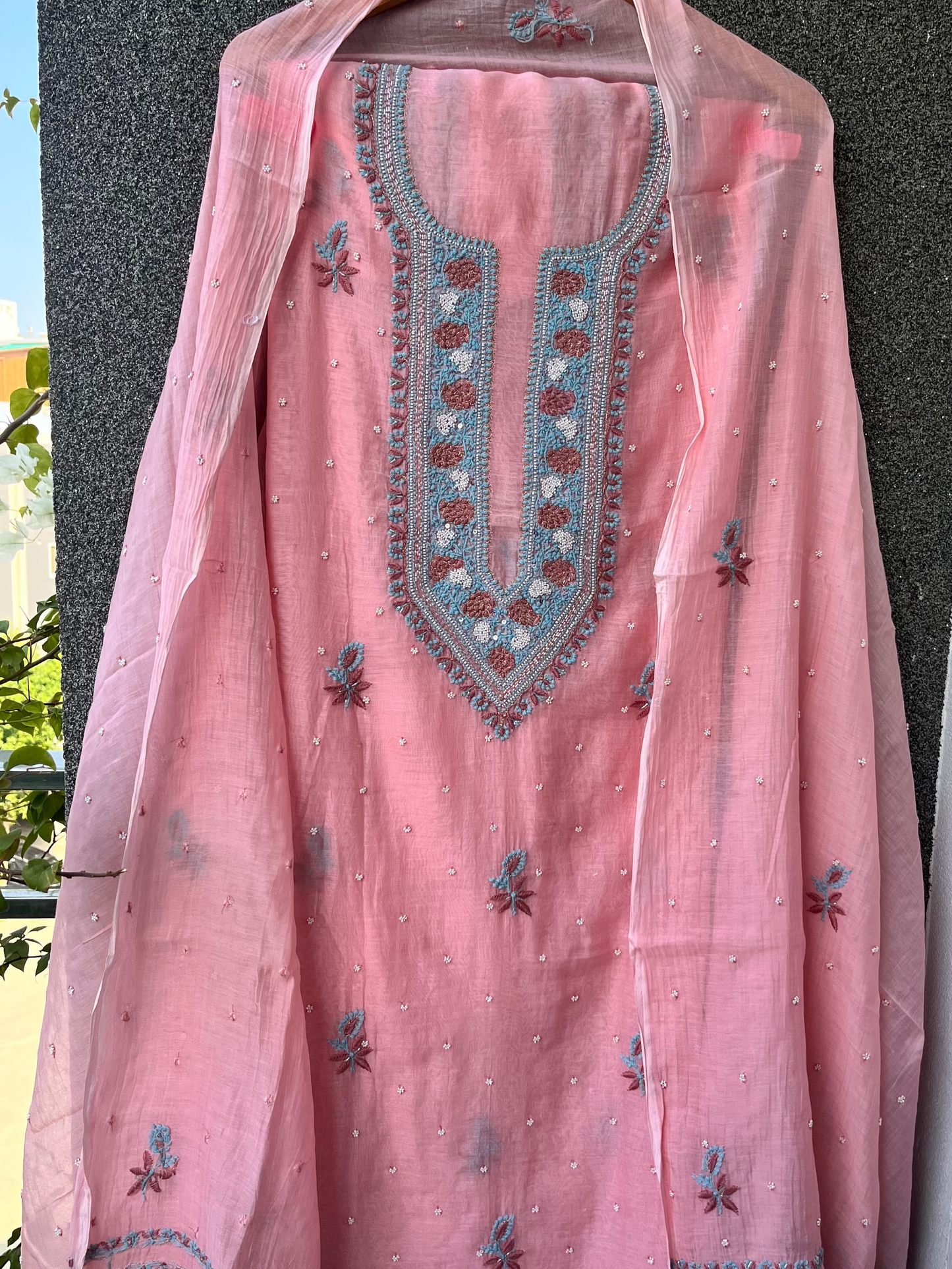 Pink Mul Chanderi Unstitched Fine Chikankari & Pearl Festive Suit Set