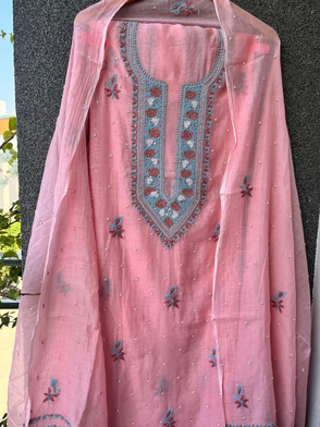 Pink Mul Chanderi Unstitched Fine Chikankari & Pearl Festive Suit Set