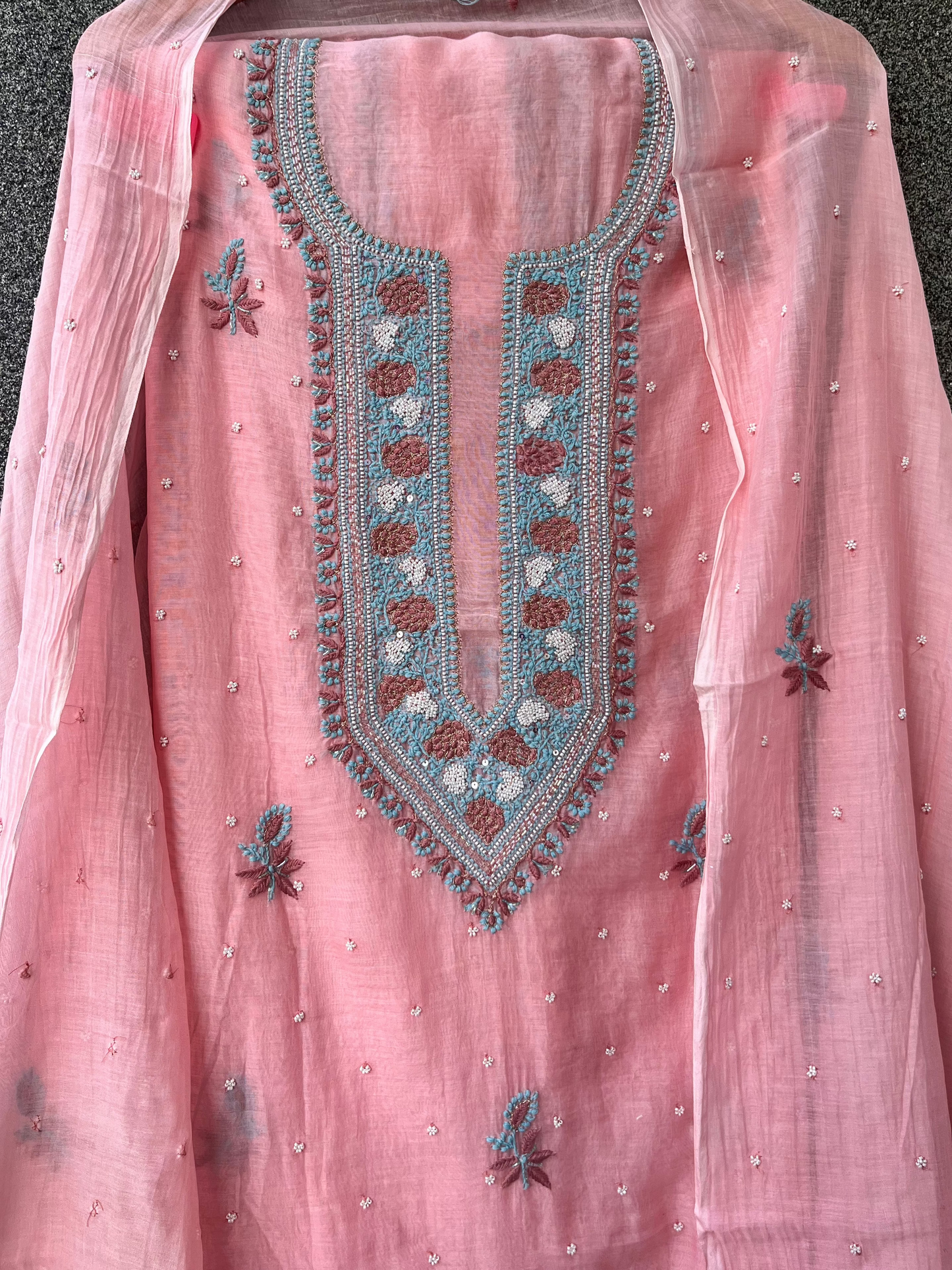 Pink Mul Chanderi Unstitched Fine Chikankari & Pearl Festive Suit Set