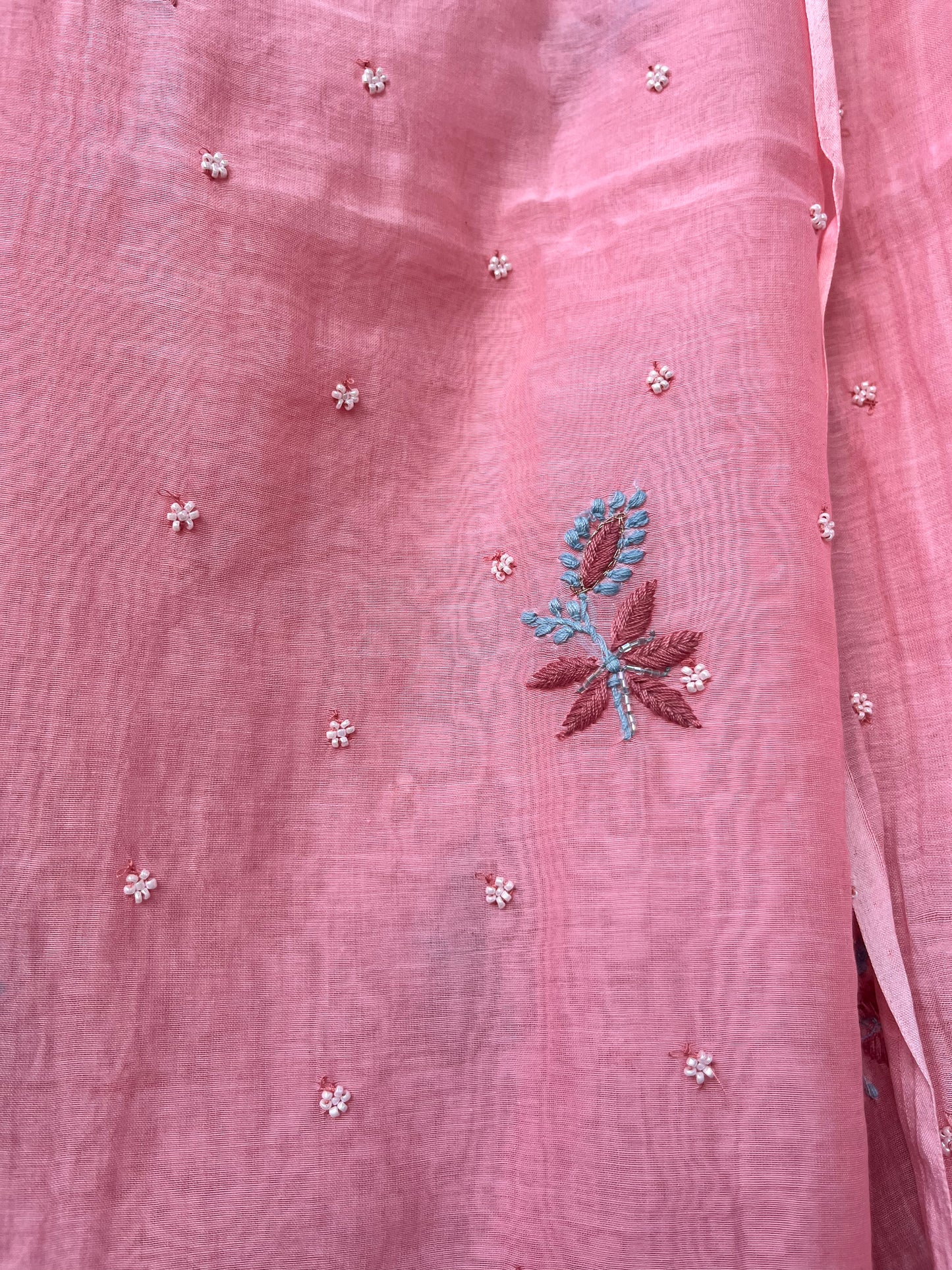 Pink Mul Chanderi Unstitched Fine Chikankari & Pearl Festive Suit Set