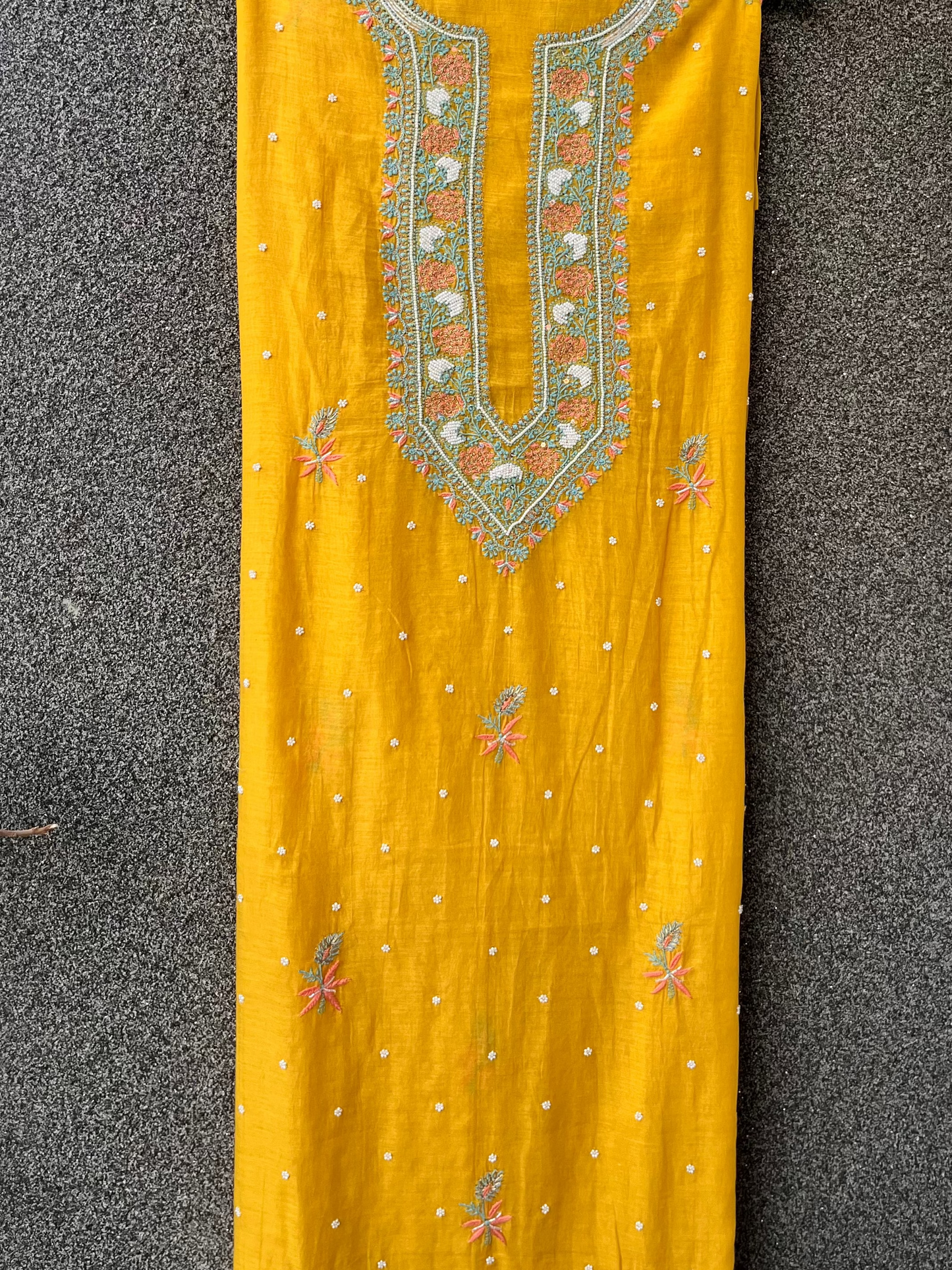 Yellow Mul Chanderi Unstitched Fine Chikankari & Pearl Festive Suit Set