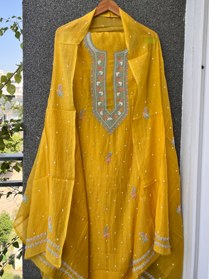 Yellow Mul Chanderi Unstitched Fine Chikankari & Pearl Festive Suit Set