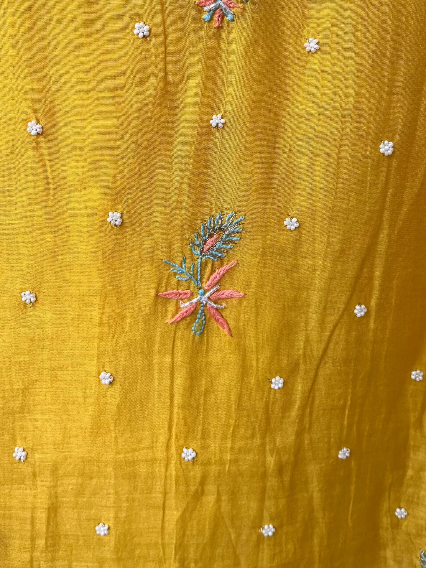 Yellow Mul Chanderi Unstitched Fine Chikankari & Pearl Festive Suit Set