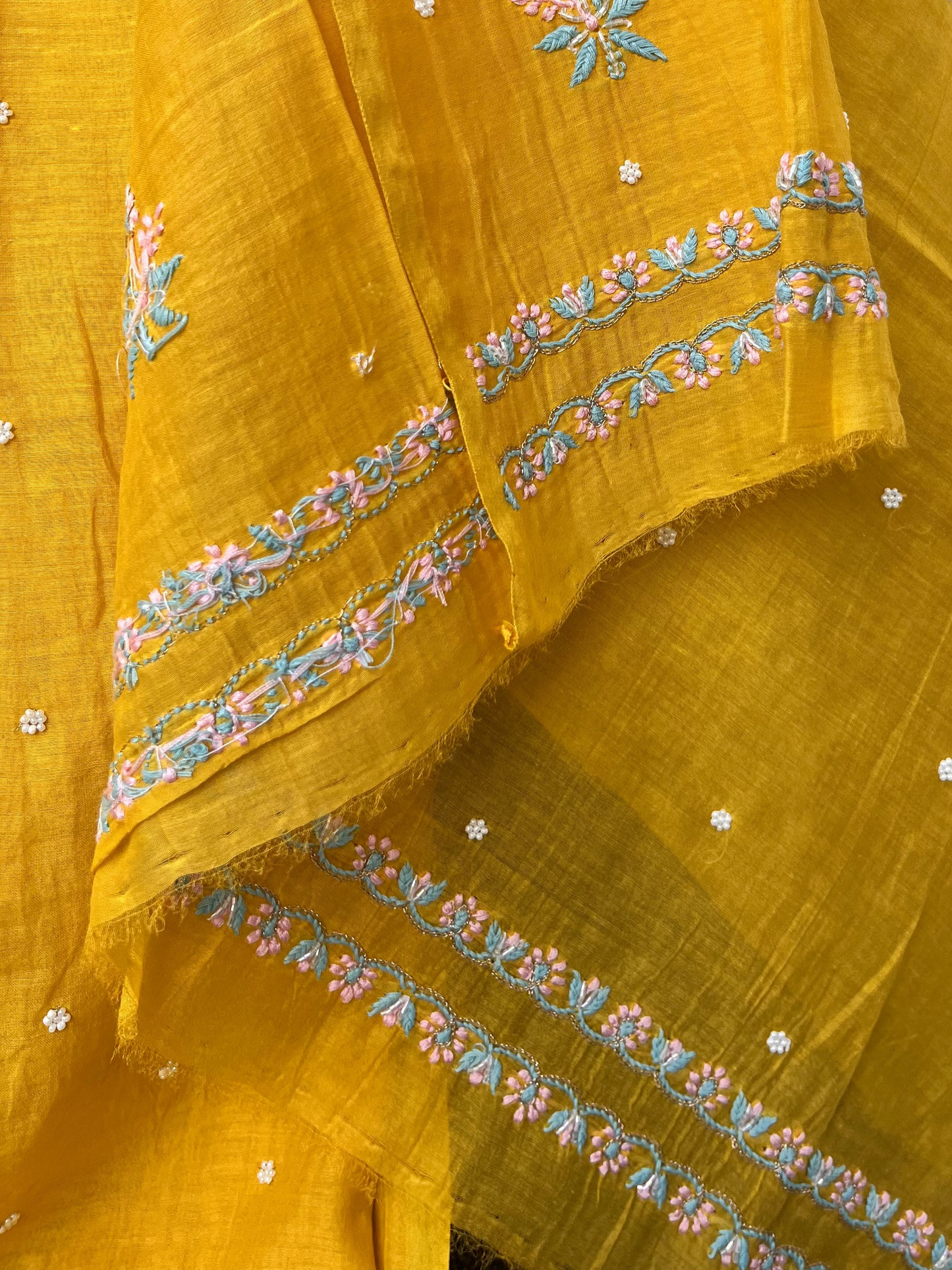 Yellow Mul Chanderi Unstitched Fine Chikankari & Pearl Festive Suit Set