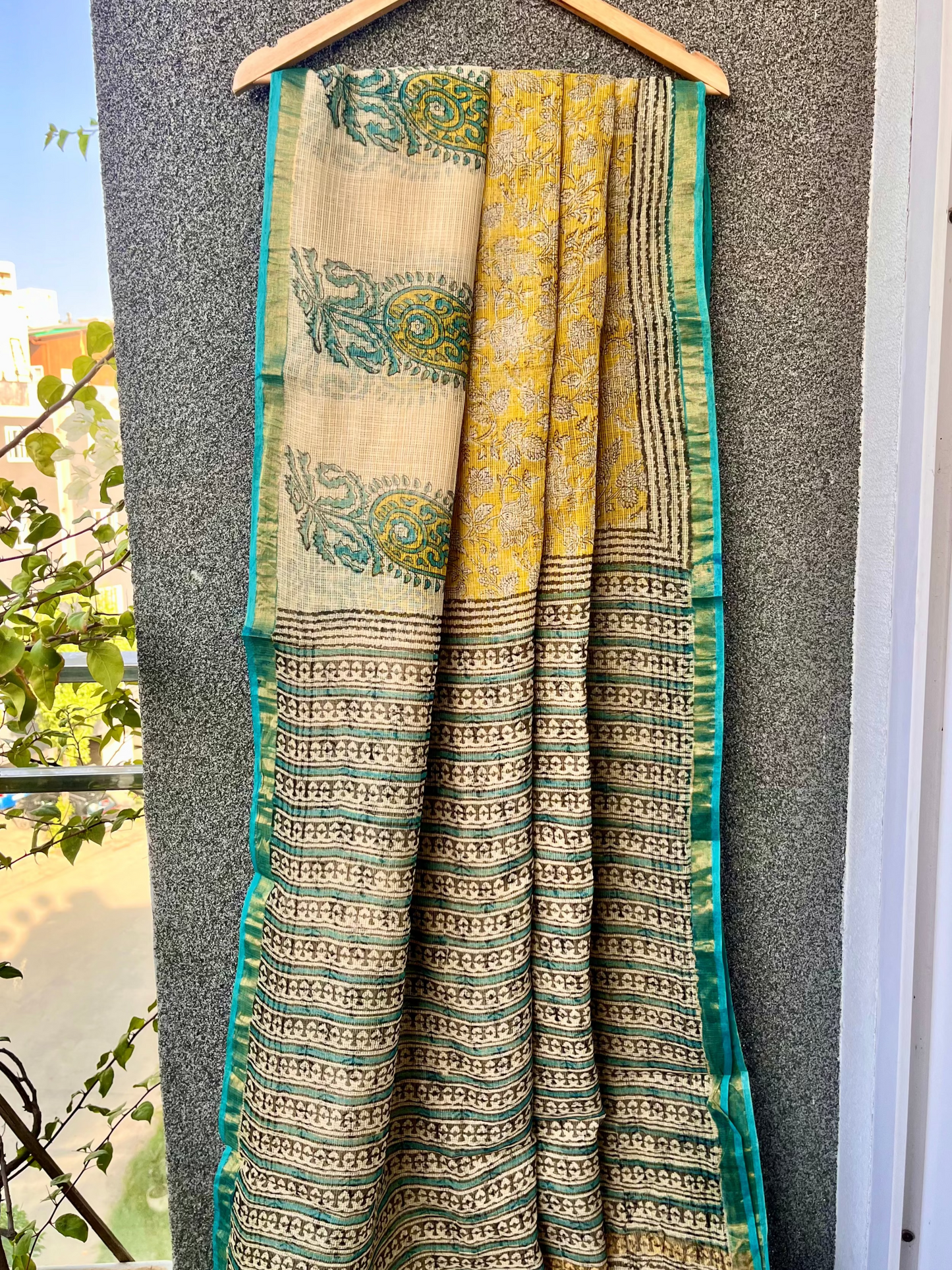 Yellow & Blue Kota doriya Saree