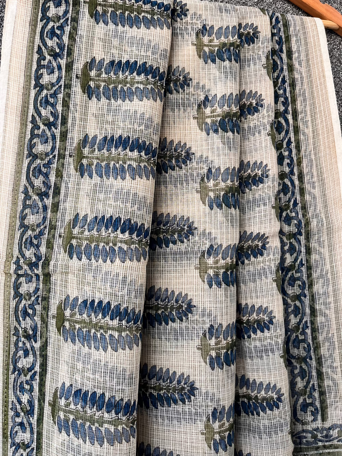 Beige & Blue Leaf Bagru Kota doriya Saree