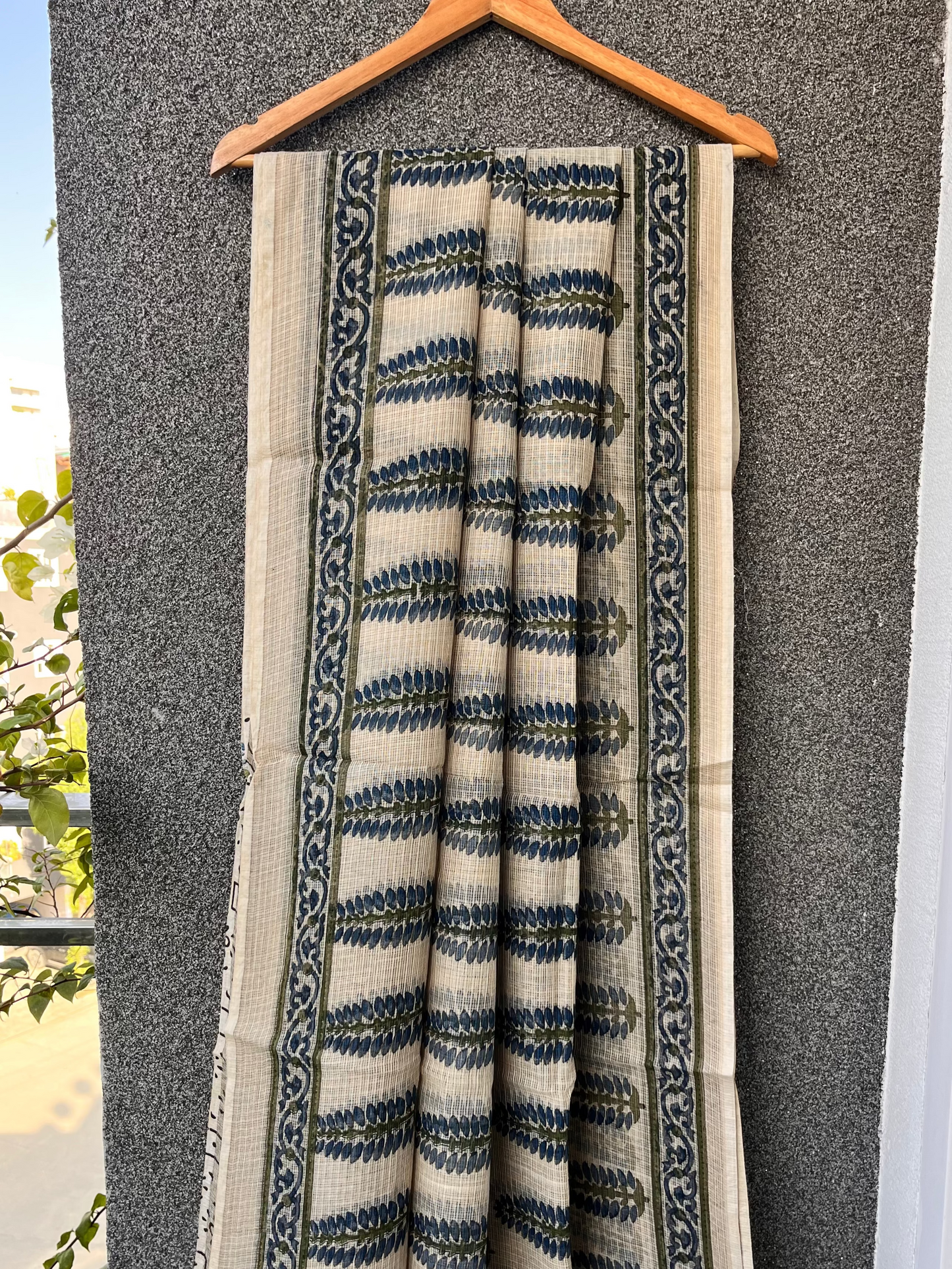 Beige & Blue Leaf Bagru Kota doriya Saree