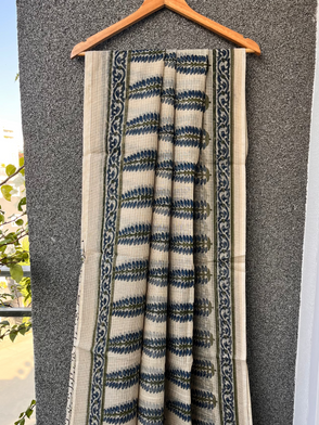 Beige & Blue Leaf Bagru Kota doriya Saree