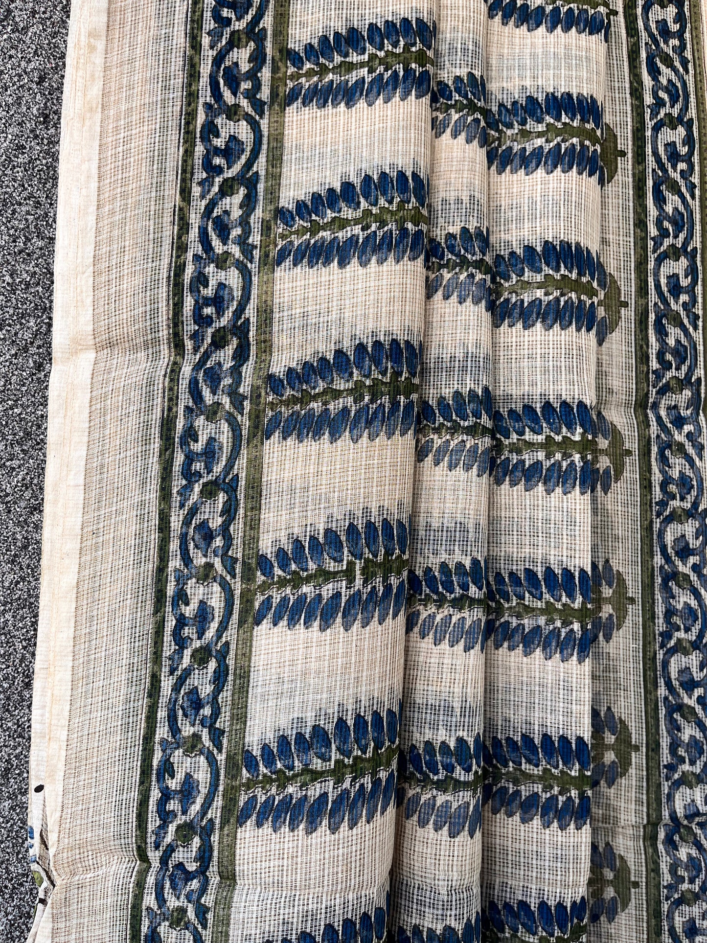 Beige & Blue Leaf motif Bagru Kota doriya Saree