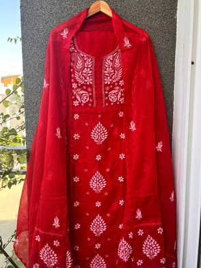 Anupama Red Unstitched Chikankari & Applique Suit Set