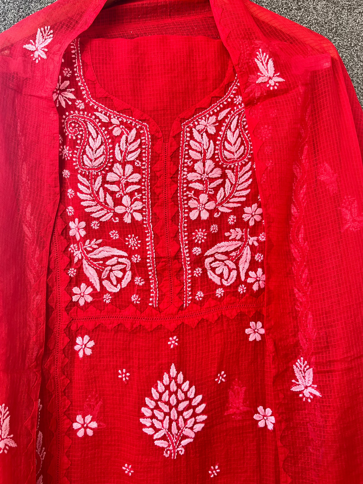 Anupama Red Unstitched Chikankari & Applique Suit Set