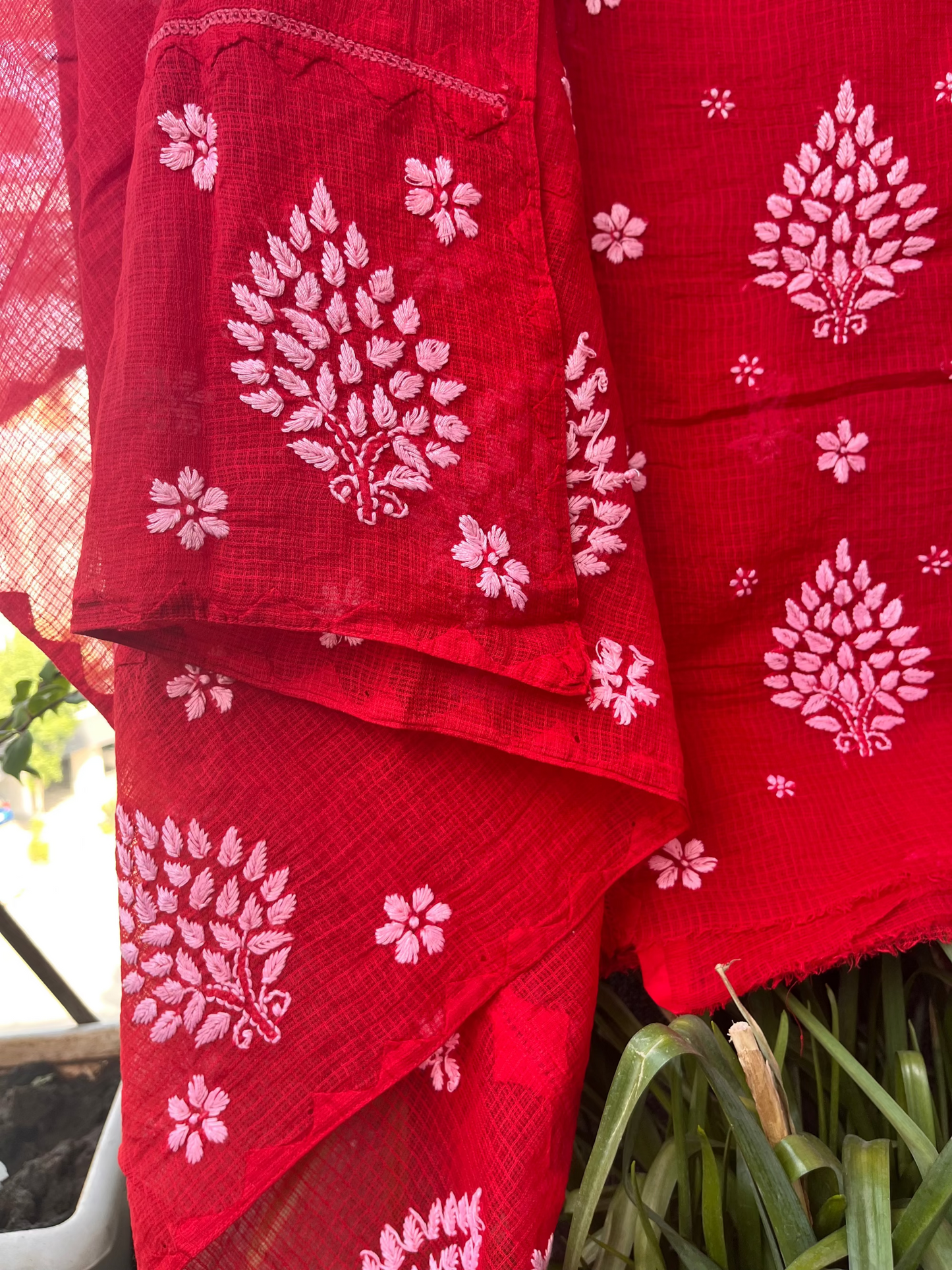 Anupama Red Unstitched Chikankari & Applique Suit Set