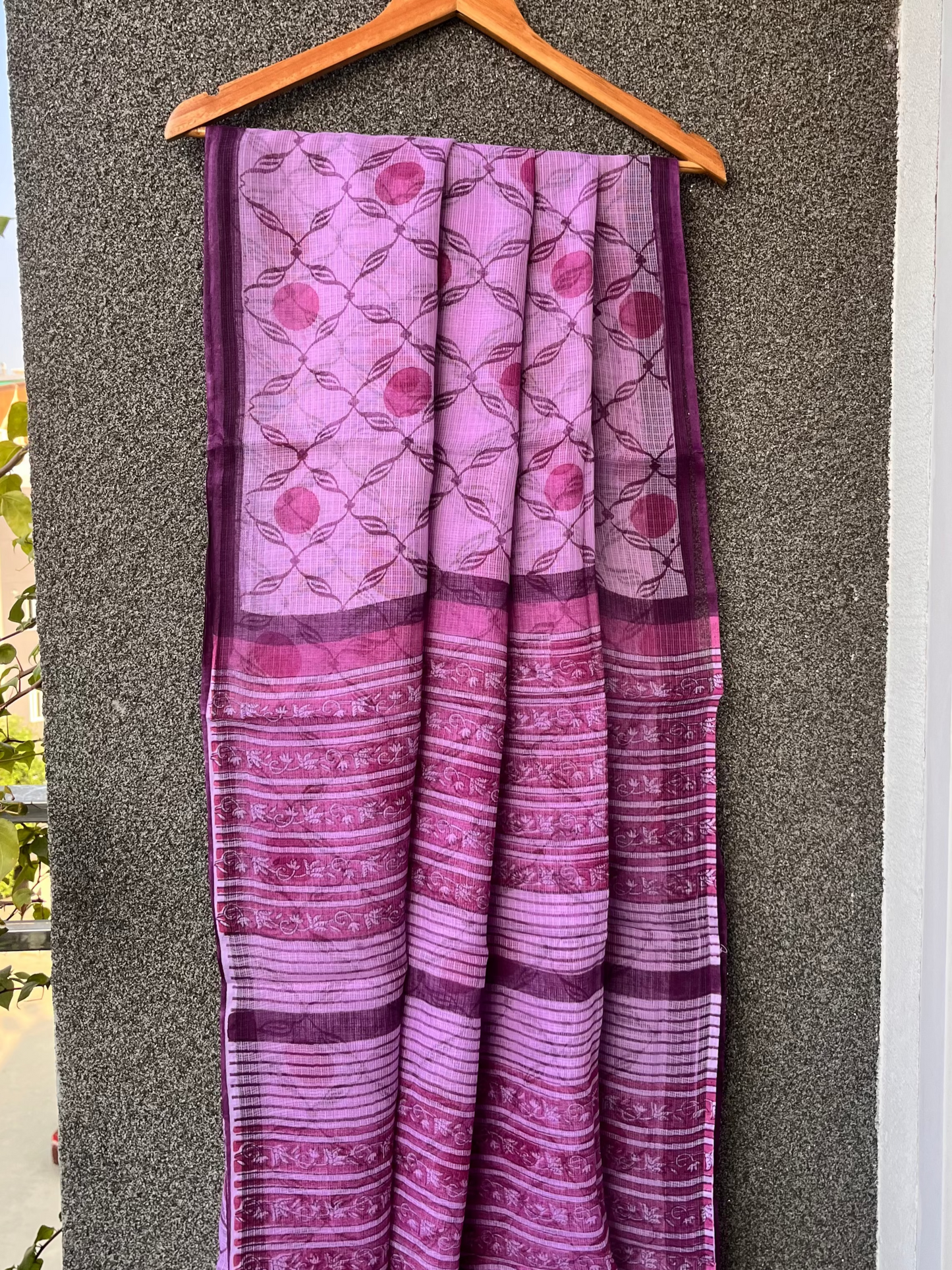 Lilac Block print Kota doriya Saree