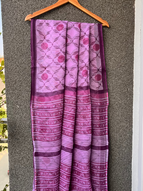 Lilac Block print Kota doriya Saree