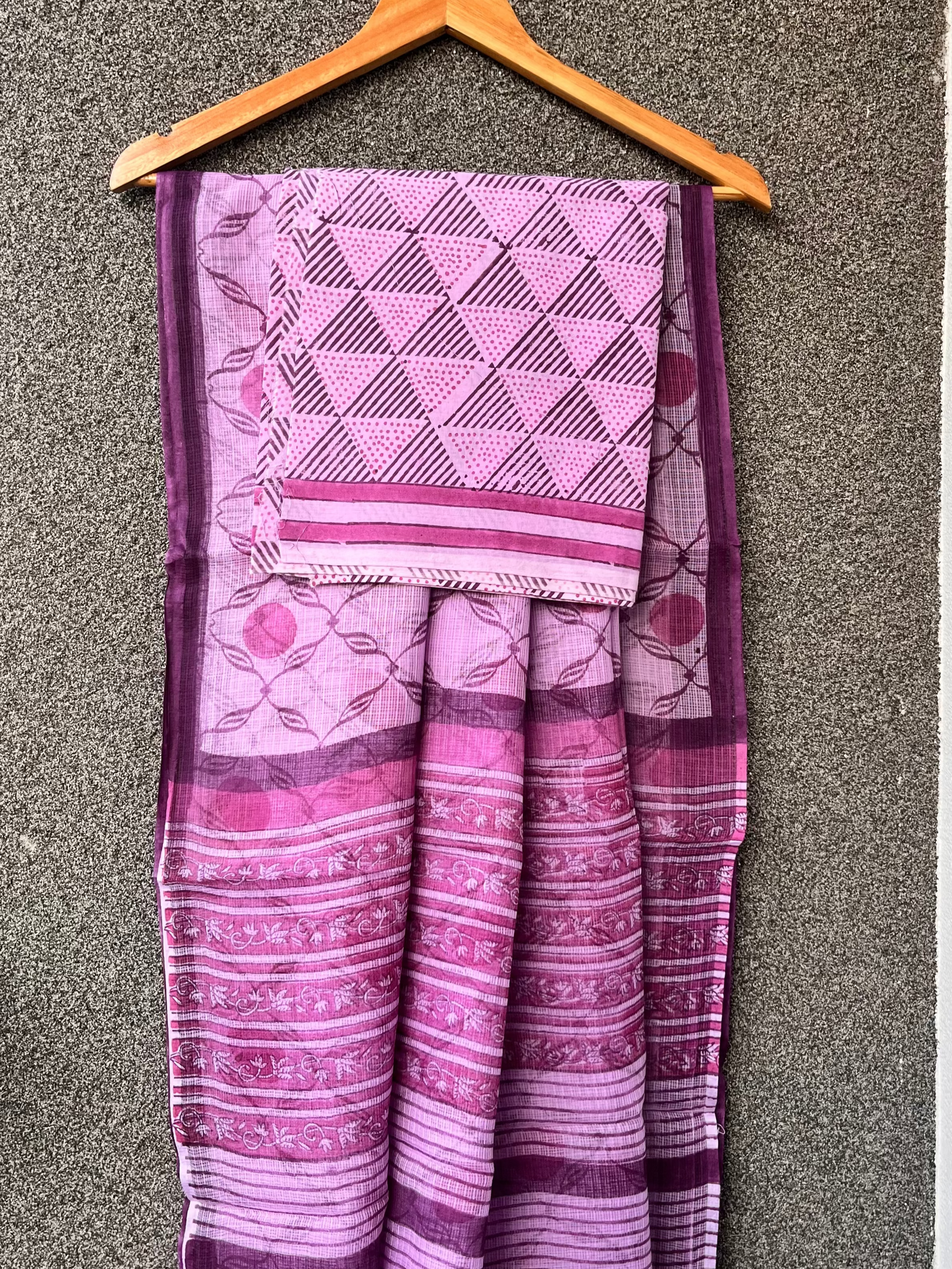 Lilac Block print Kota doriya Saree